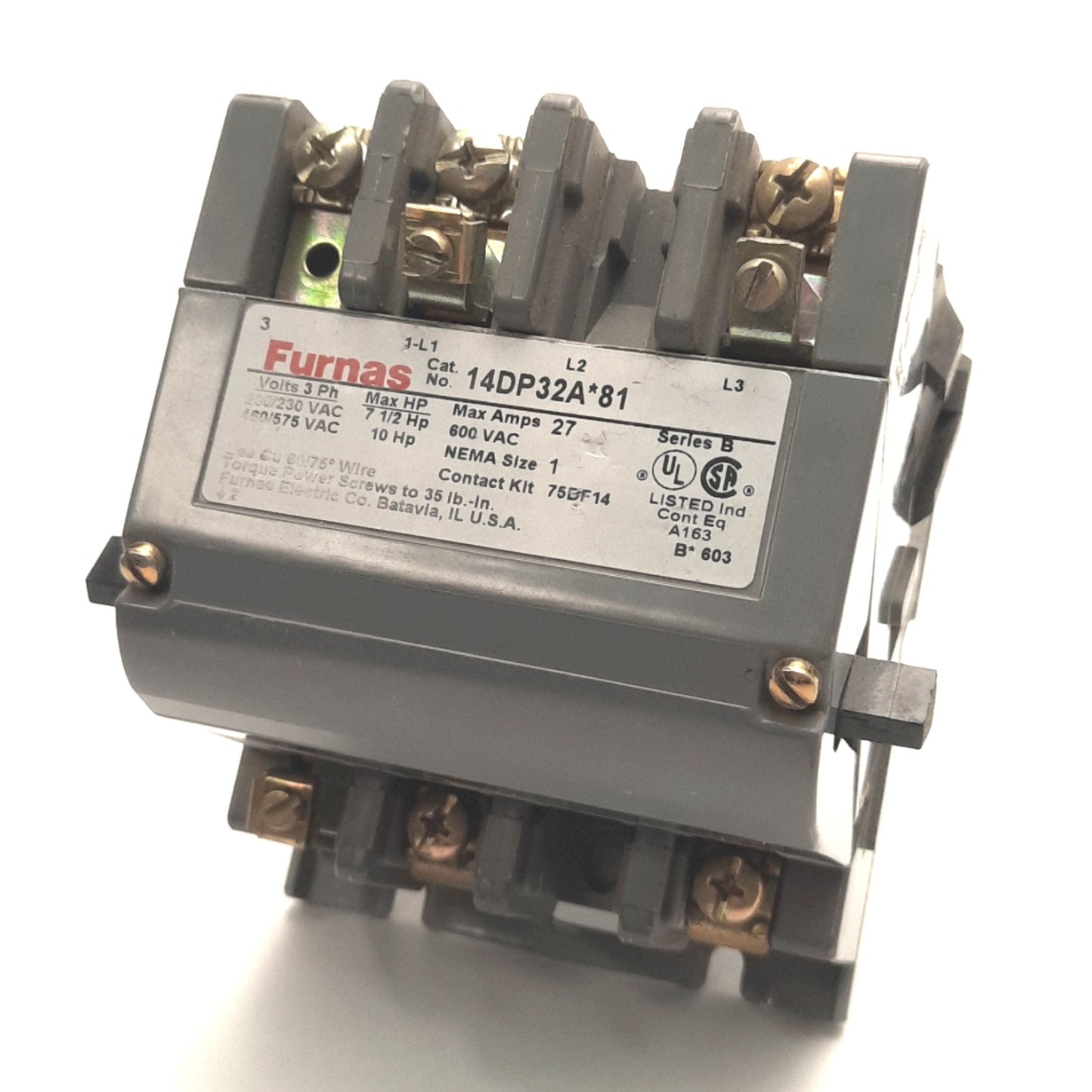 Used Furnas 14DP32A*81 Starter 3 Phase, 27A 600v AC, 10HP, NEMA Size 1, 240/480v Coil