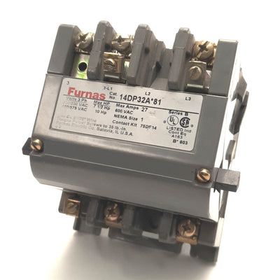 Used Furnas 14DP32A*81 Starter 3 Phase, 27A 600v AC, 10HP, NEMA Size 1, 240/480v Coil