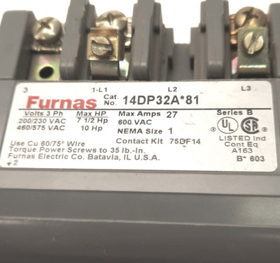 Used Furnas 14DP32A*81 Starter 3 Phase, 27A 600v AC, 10HP, NEMA Size 1, 240/480v Coil