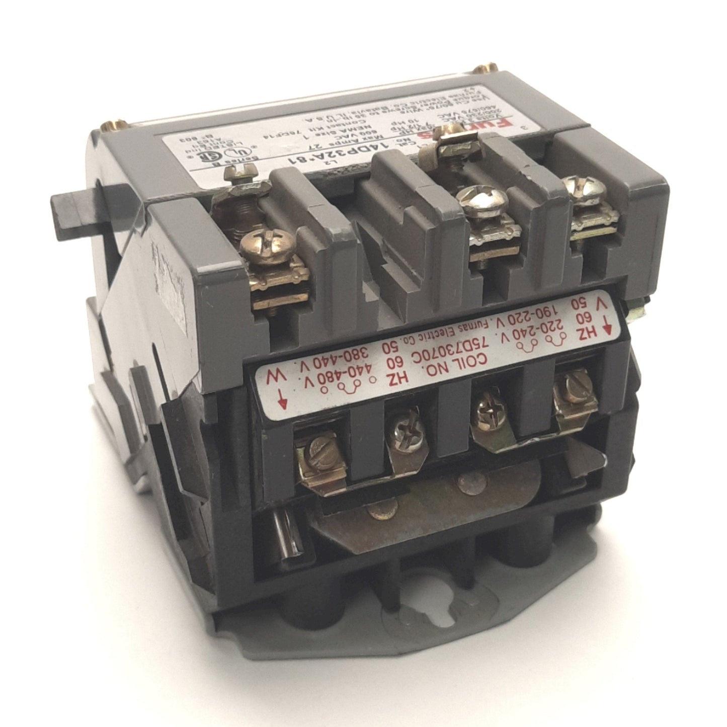 Used Furnas 14DP32A*81 Starter 3 Phase, 27A 600v AC, 10HP, NEMA Size 1, 240/480v Coil