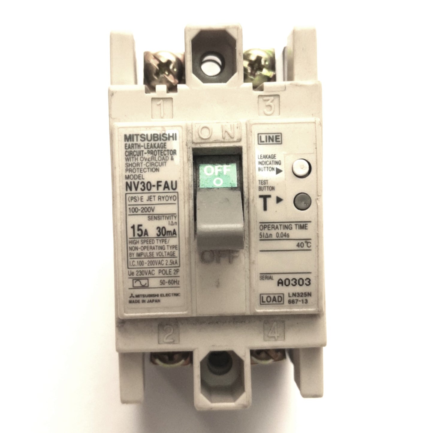 Used Mitsubishi Electric NV30-FAU Circuit Breaker 2 Poles, 15A/30mA, 100-240v AC