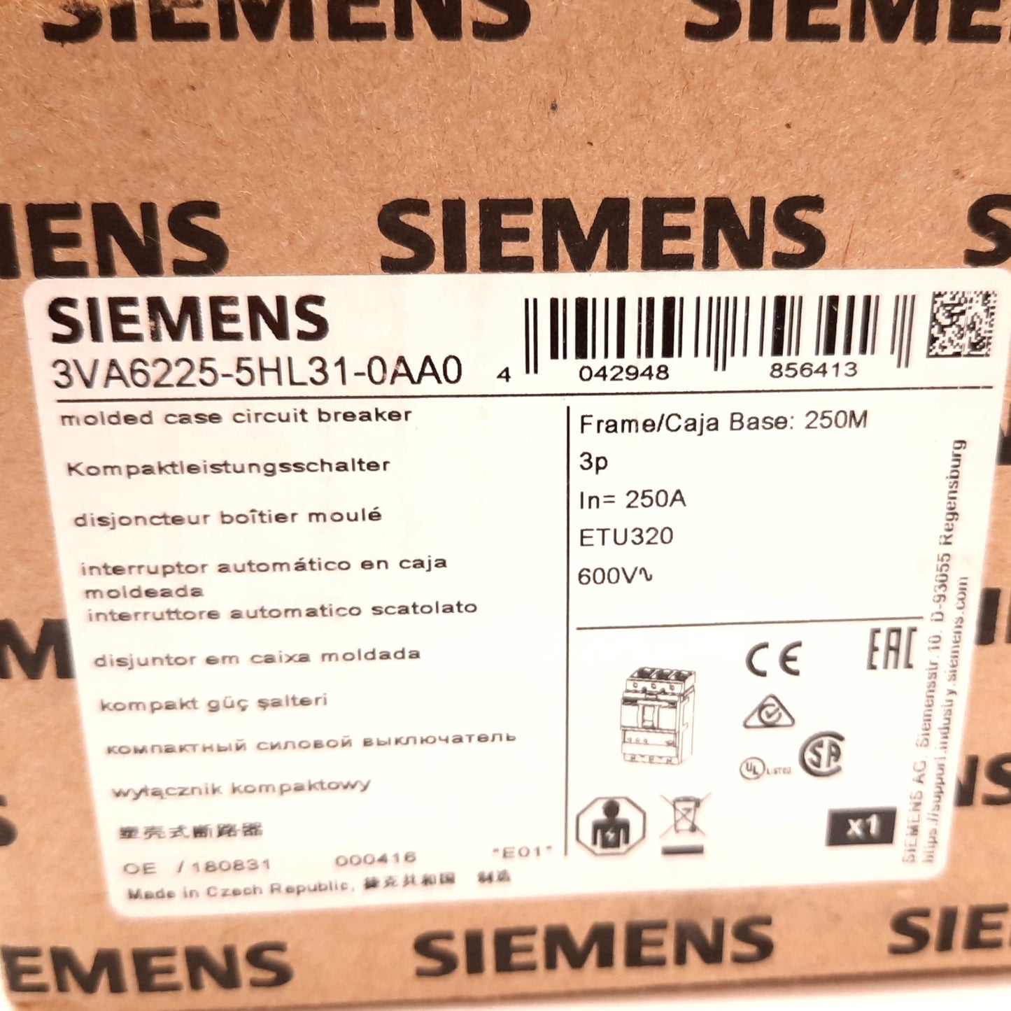 New Siemens 3VA6225-5HL31-0AA0 Circuit Breaker, 3-Pole, Rating: 250A 690VAC