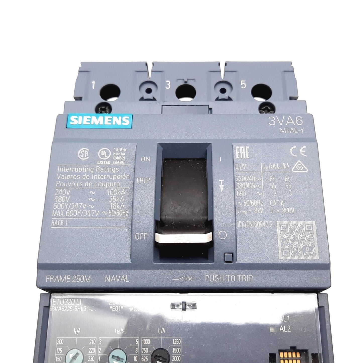 New Siemens 3VA6225-5HL31-0AA0 Circuit Breaker, 3-Pole, Rating: 250A 690VAC