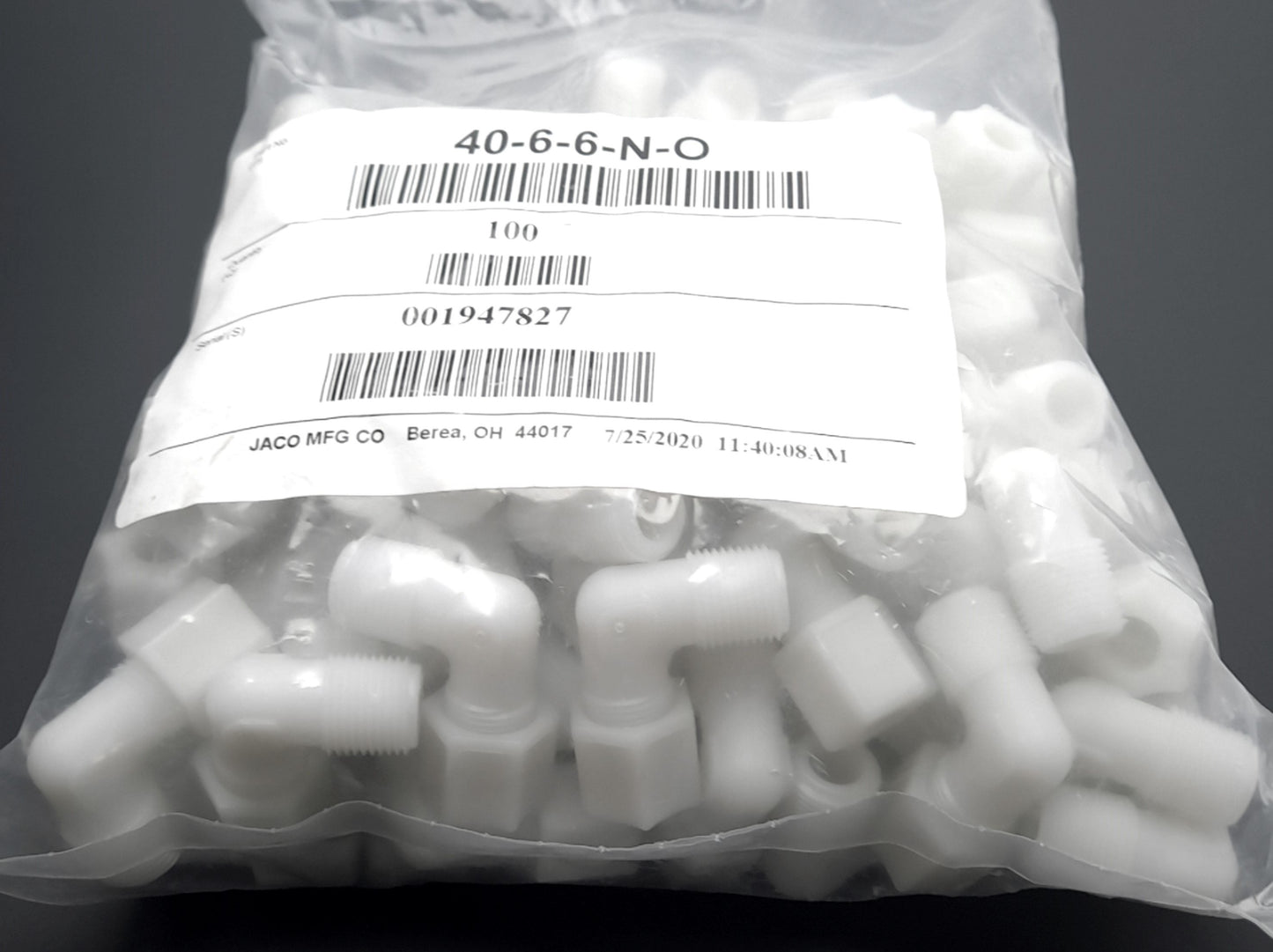 New Lot of 100 Jaco 40-6-6-N-O Nylon Elbow Fitting, 3/8" Tubing, 3/8" Male Connector