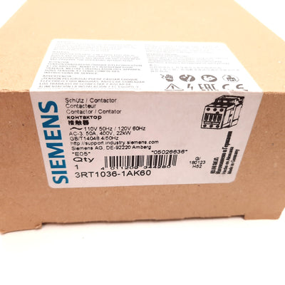 New Siemens 3RT1036-1AK60 Contactor, 3-Pole, Coil: 110/120VAC, Rating: 50A 600VAC