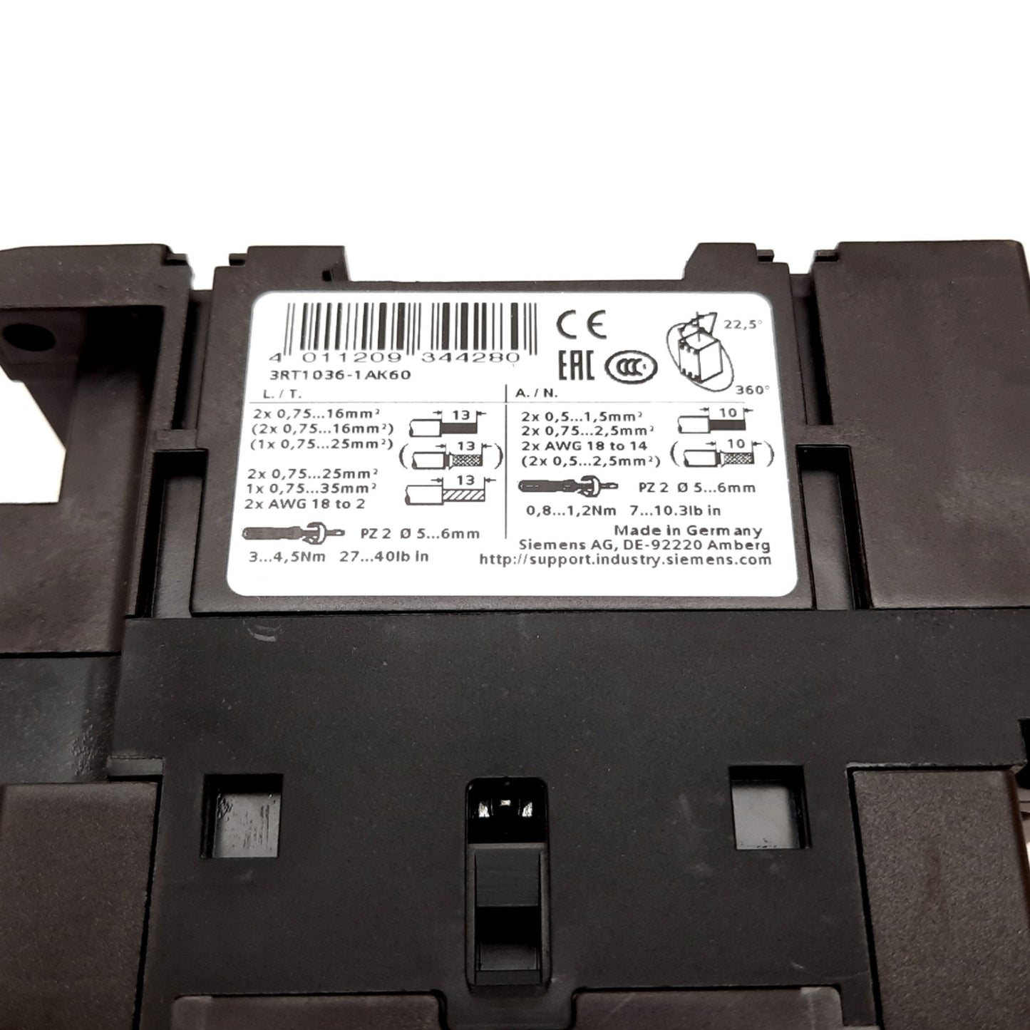 New Siemens 3RT1036-1AK60 Contactor, 3-Pole, Coil: 110/120VAC, Rating: 50A 600VAC
