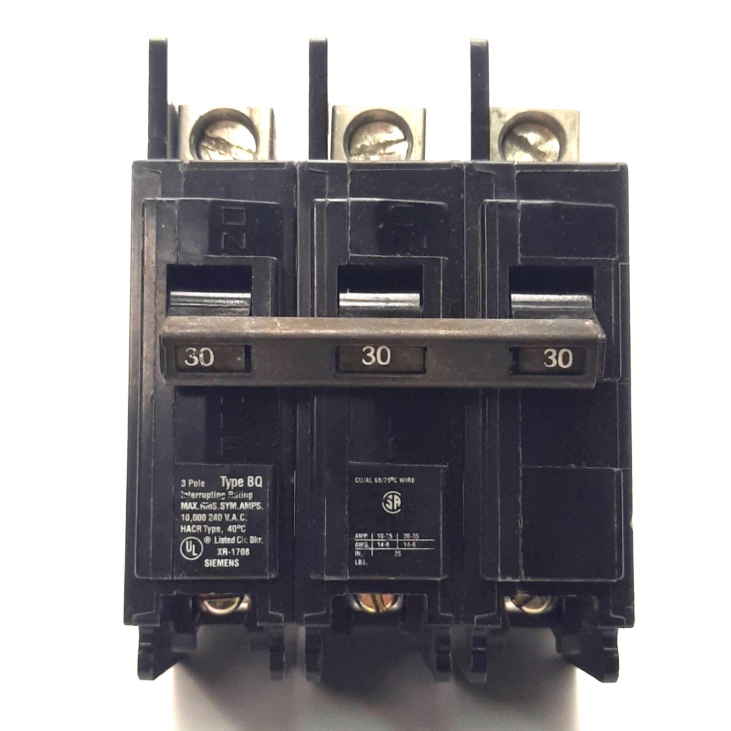 Used Siemens BQ3B030L Circuit Breaker, 3 Poles, 240V AC,30A, 10kA Max