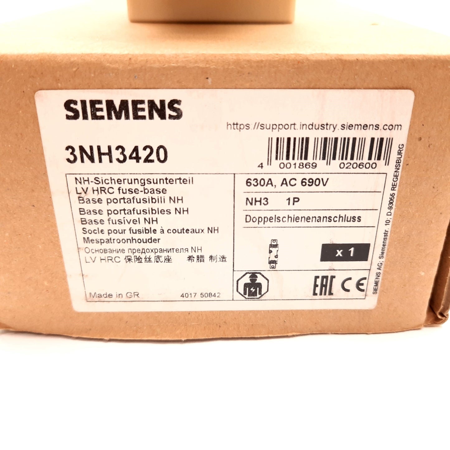 New Siemens 3NH3420 Fuse Base, For LV HRC Fuses, Rating: 690VAC 630A