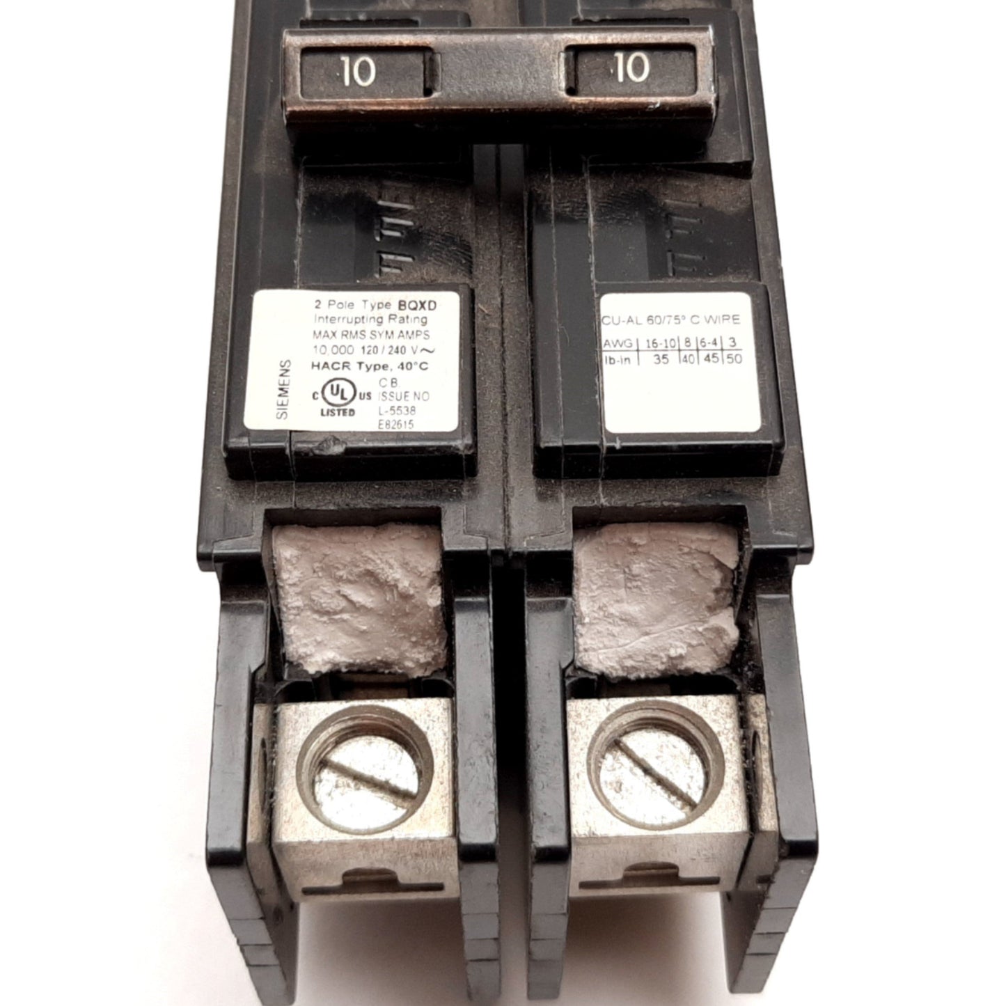 Used Siemens BQ2D010QLD Circuit Breaker, HACR Type, 2-Pole, Rating: 10A 120/240VAC