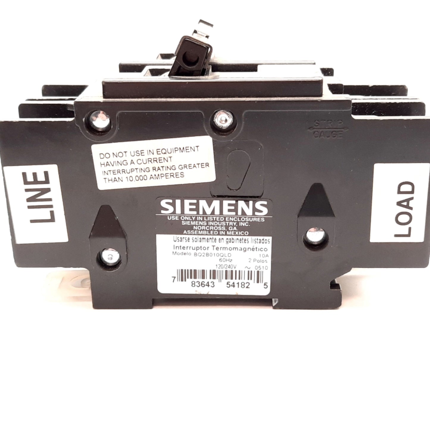 Used Siemens BQ2D010QLD Circuit Breaker, HACR Type, 2-Pole, Rating: 10A 120/240VAC