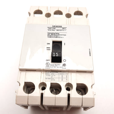New Siemens CQD315 Circuit Breaker, 3-Pole, Rating: 15A 480Y/277VAC, DIN Rail Mount