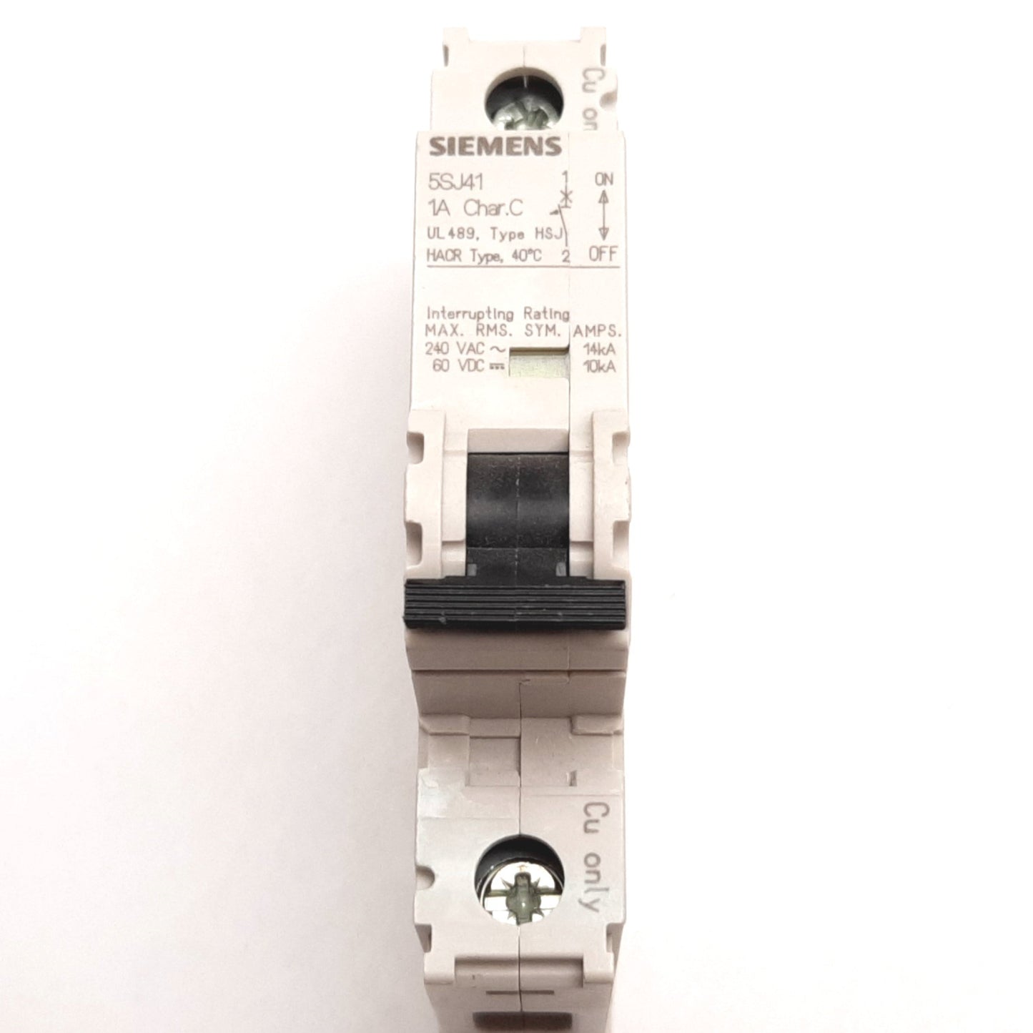 Used Siemens 5SJ4101-7HG40 Circuit Breaker, 1-Pole, C-Curve, Rating: 1A 240VAC 60VDC