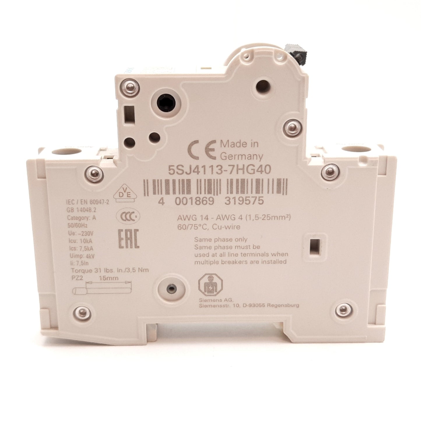 New Siemens 5SJ4113-7HG40 Circuit Breaker, 1-Pole, C-Curve, Rating: 13A 240VAC 60VDC
