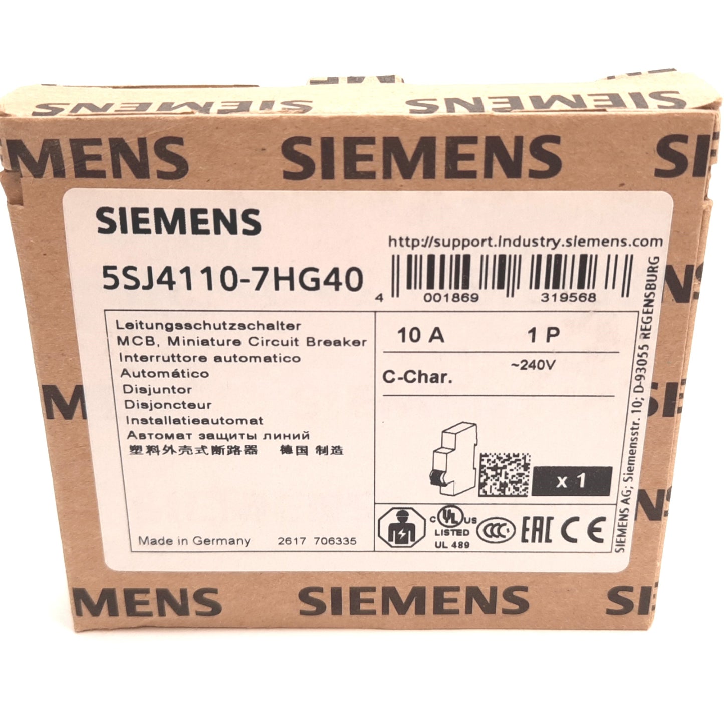 New Siemens 5SJ4110-7HG40 Circuit Breaker, 1-Pole, C-Curve, Rating: 10A 240VAC 60VDC