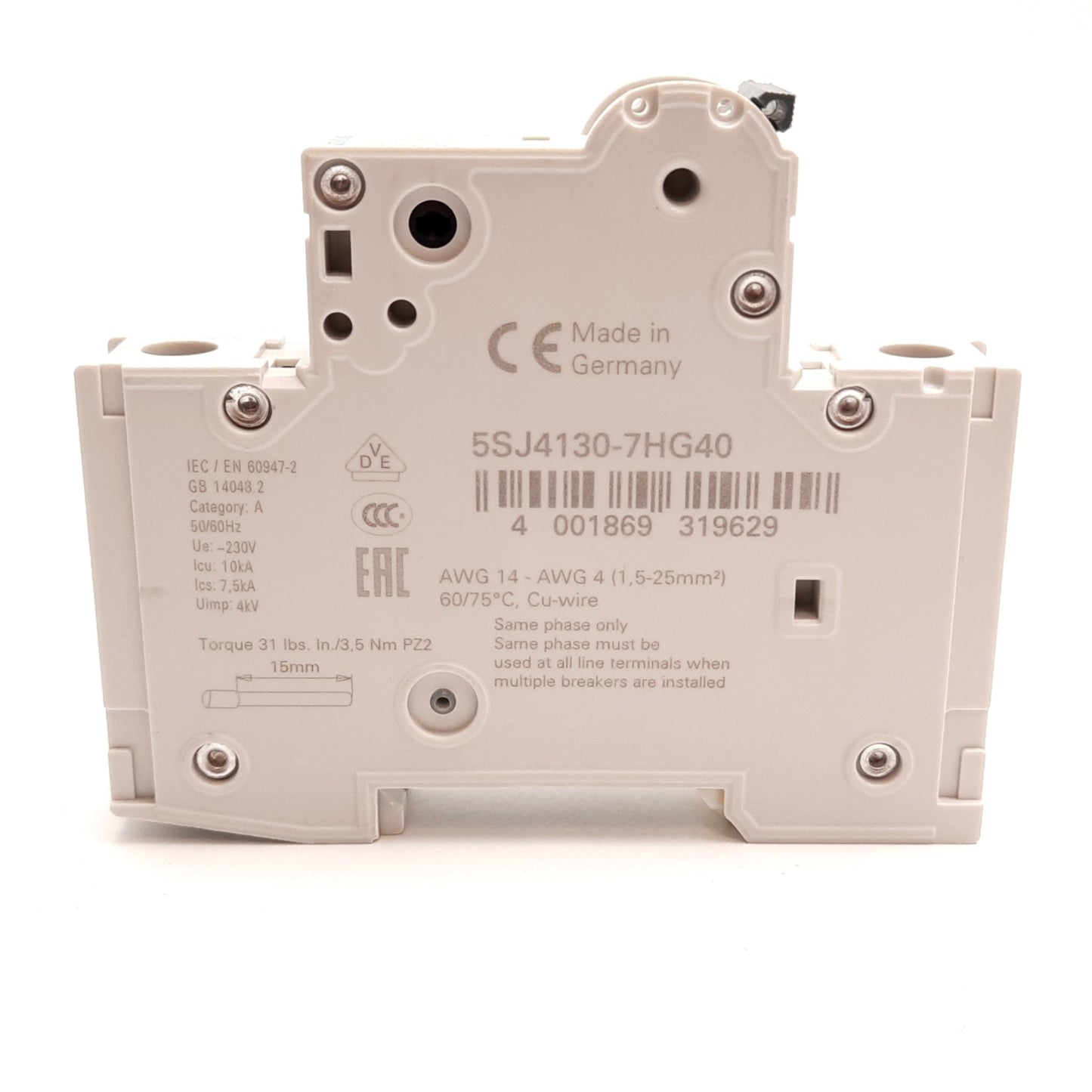 New Siemens 5SJ4130-7HG40 Circuit Breaker, 1-Pole, C-Curve, Rating: 30A 240VAC 60VDC
