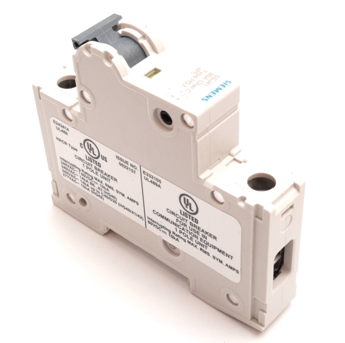 New Siemens 5SJ4130-7HG40 Circuit Breaker, 1-Pole, C-Curve, Rating: 30A 240VAC 60VDC