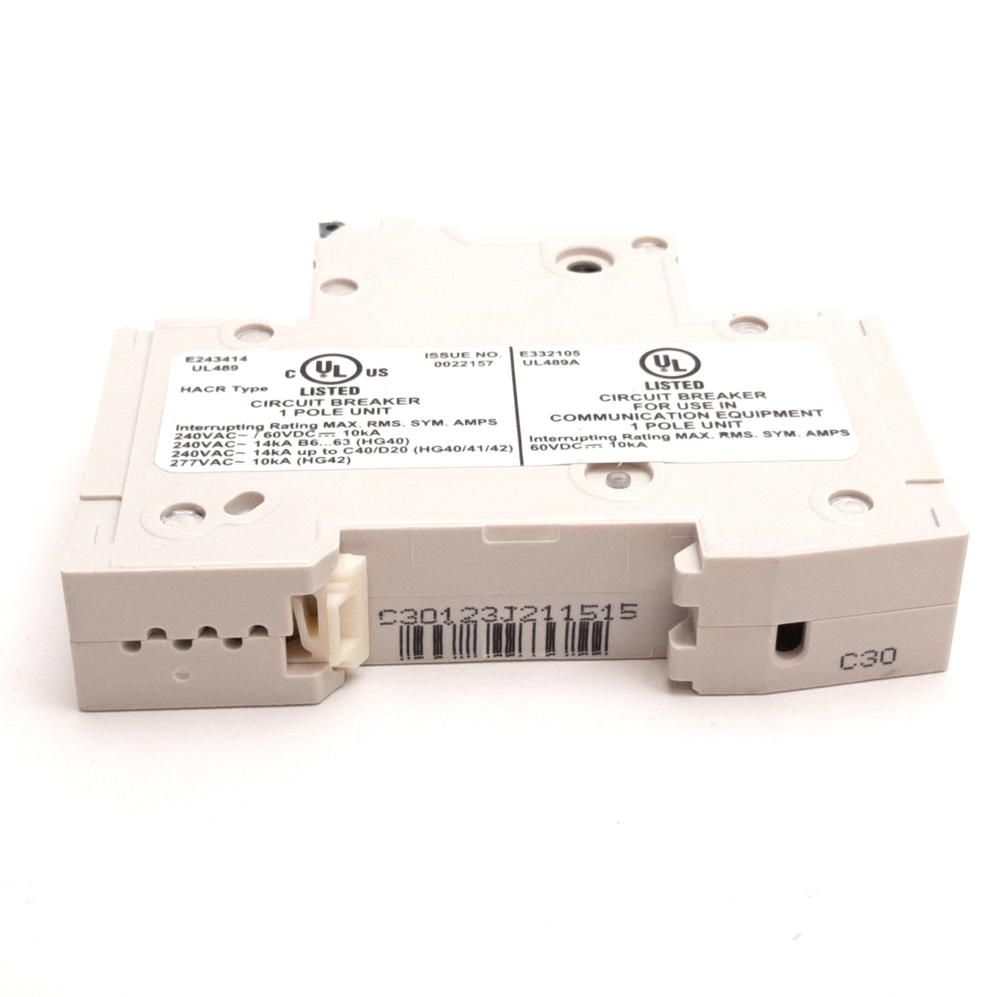 New Siemens 5SJ4130-7HG40 Circuit Breaker, 1-Pole, C-Curve, Rating: 30A 240VAC 60VDC