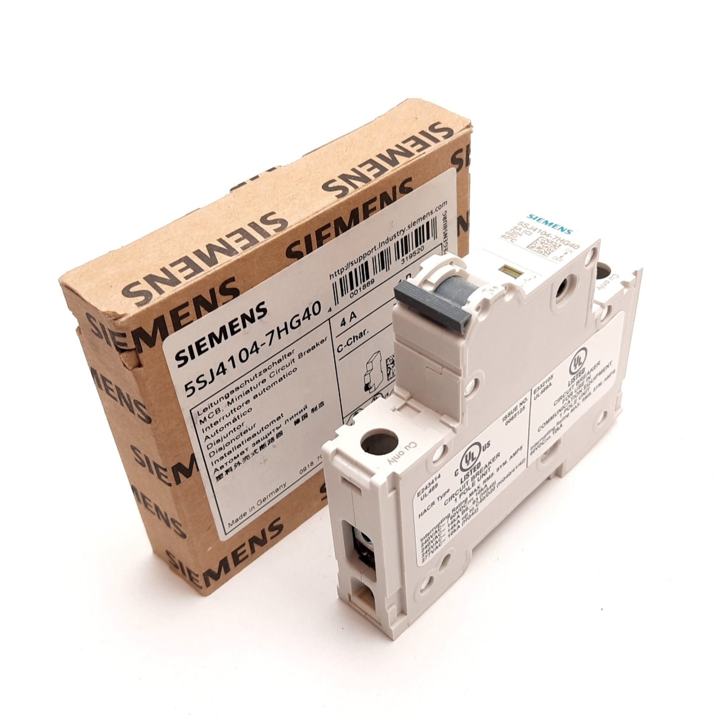 New Siemens 5SJ4104-7HG40 Circuit Breaker, 1-Pole, C-Curve, Rating: 4A 240VAC 60VDC