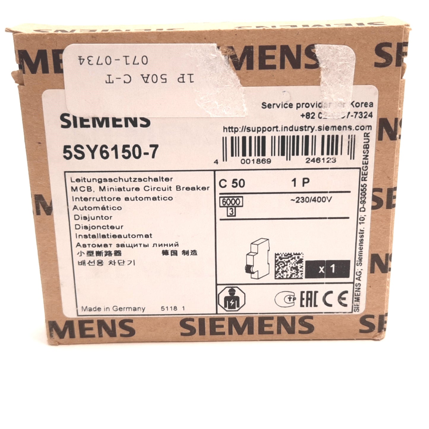 New Siemens 5SY6150-7 Miniature Circuit Breaker, 1-Pole, C-Curve, 50A 230/400VAC