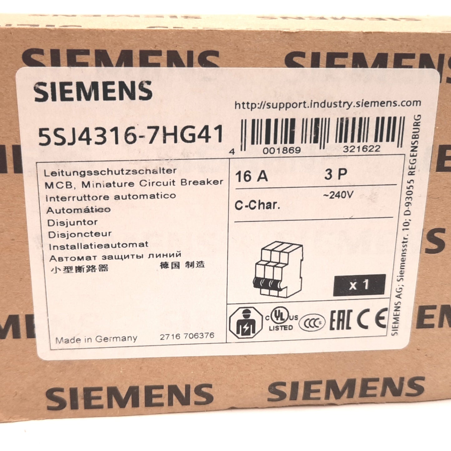 New Siemens 5SJ4316-7HG41 Circuit Breaker, 3-Pole, C-Curve, Rating: 16A 240VAC