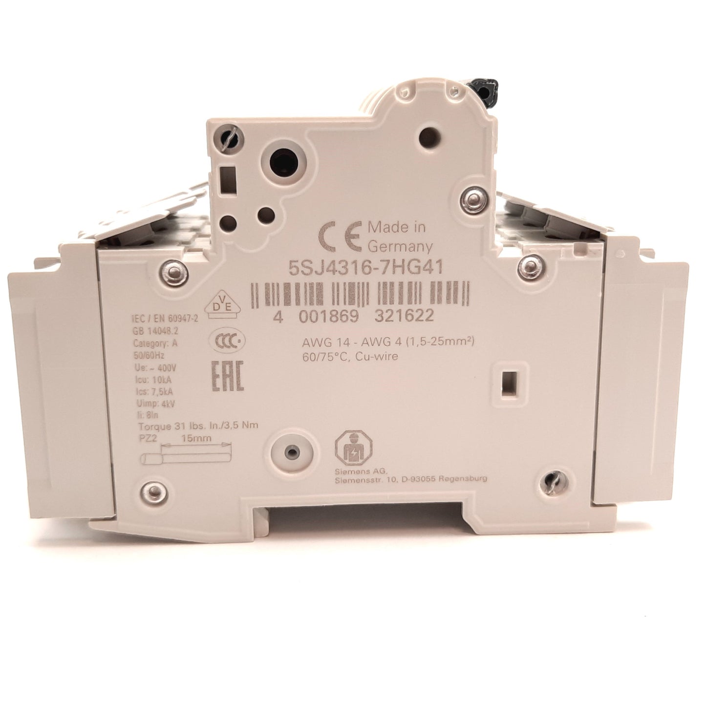 New Siemens 5SJ4316-7HG41 Circuit Breaker, 3-Pole, C-Curve, Rating: 16A 240VAC