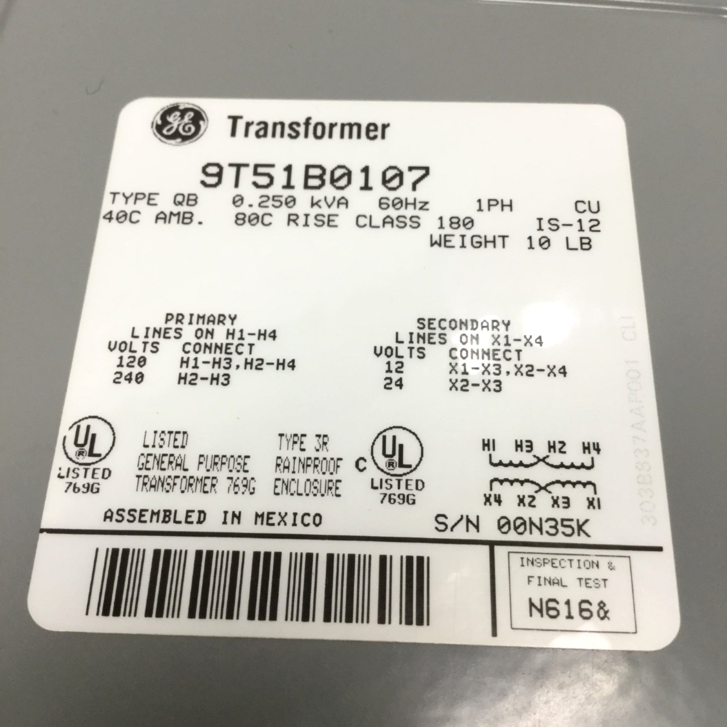 Used General Electric 9T51B0107 Buck Boost Transformer 250VA 120/240V Pri, 12/24V Sec