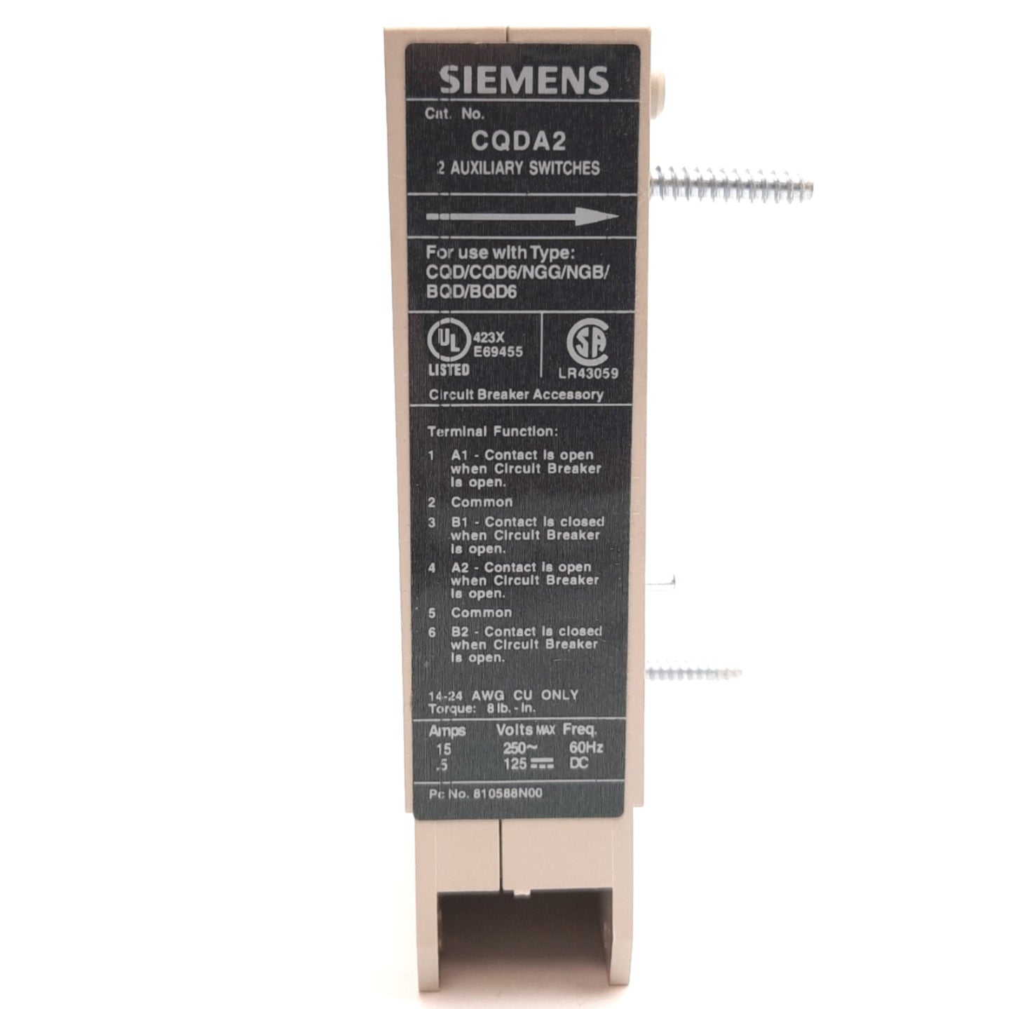 Used Siemens CQDA2 Circuit Breaker Auxiliary Block, 2x Switches, 15A 250VAC 125VDC