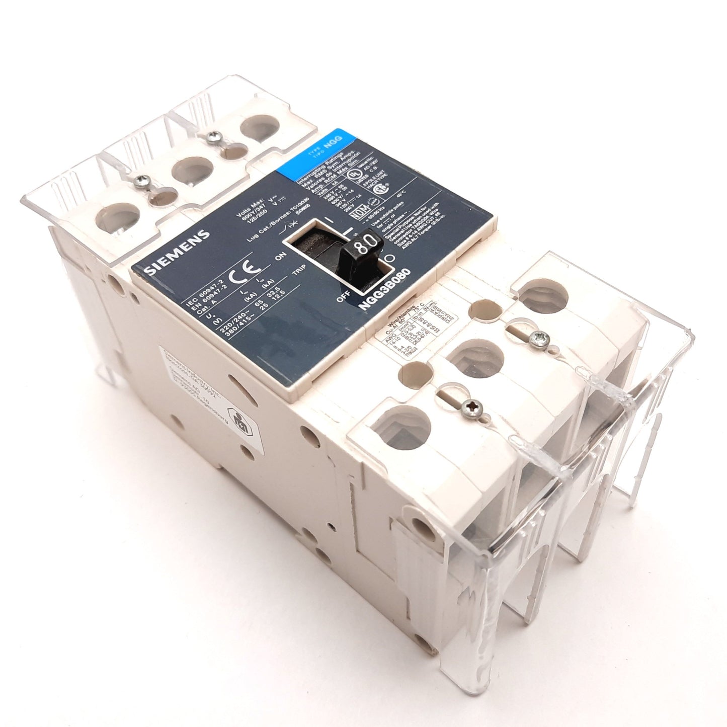 Used Siemens NGG3B080 Circuit Breaker, 3-Pole, Rating: 80A 600Y/347VAC 125/250VDC
