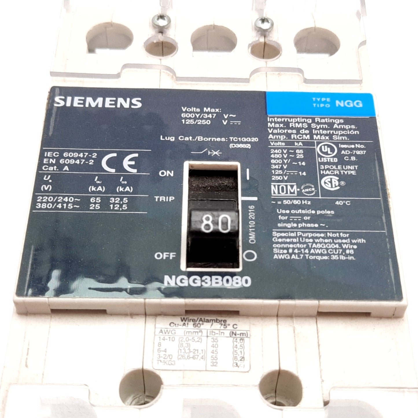 Used Siemens NGG3B080 Circuit Breaker, 3-Pole, Rating: 80A 600Y/347VAC 125/250VDC
