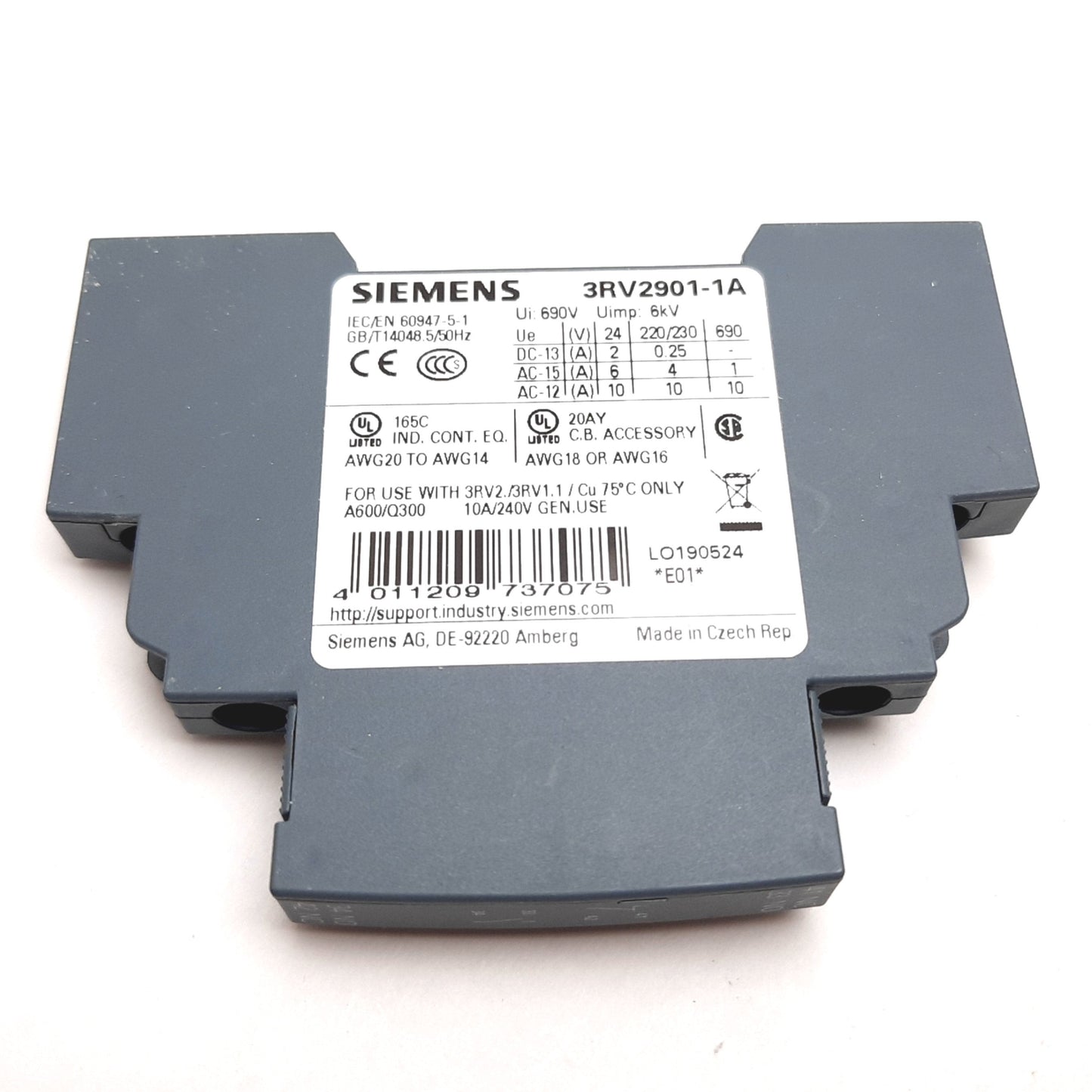 New Siemens 3RV2901-1A Auxiliary Contact Block, 1x N/O 1x N/C, Rating: 10A 240VAC