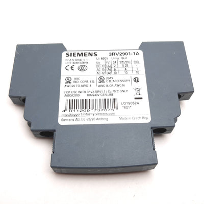 New Siemens 3RV2901-1A Auxiliary Contact Block, 1x N/O 1x N/C, Rating: 10A 240VAC