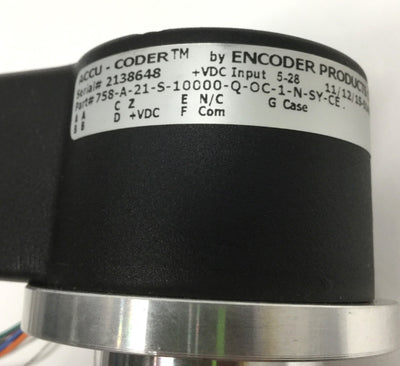 Used Accu-Coder 758-A-21-S-10000-Q-OC-1-N-SY-CE Quad Incremental Shaft Encoder ?10mm