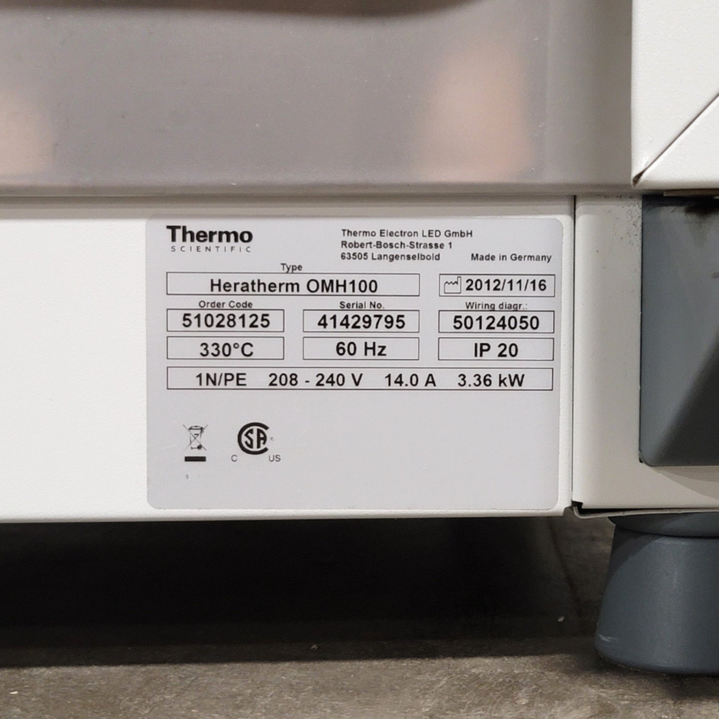 Used Thermo Scientific OMH100 Heratherm Advanced Lab Oven 50° To 330°C 208-240VAC 1Ph