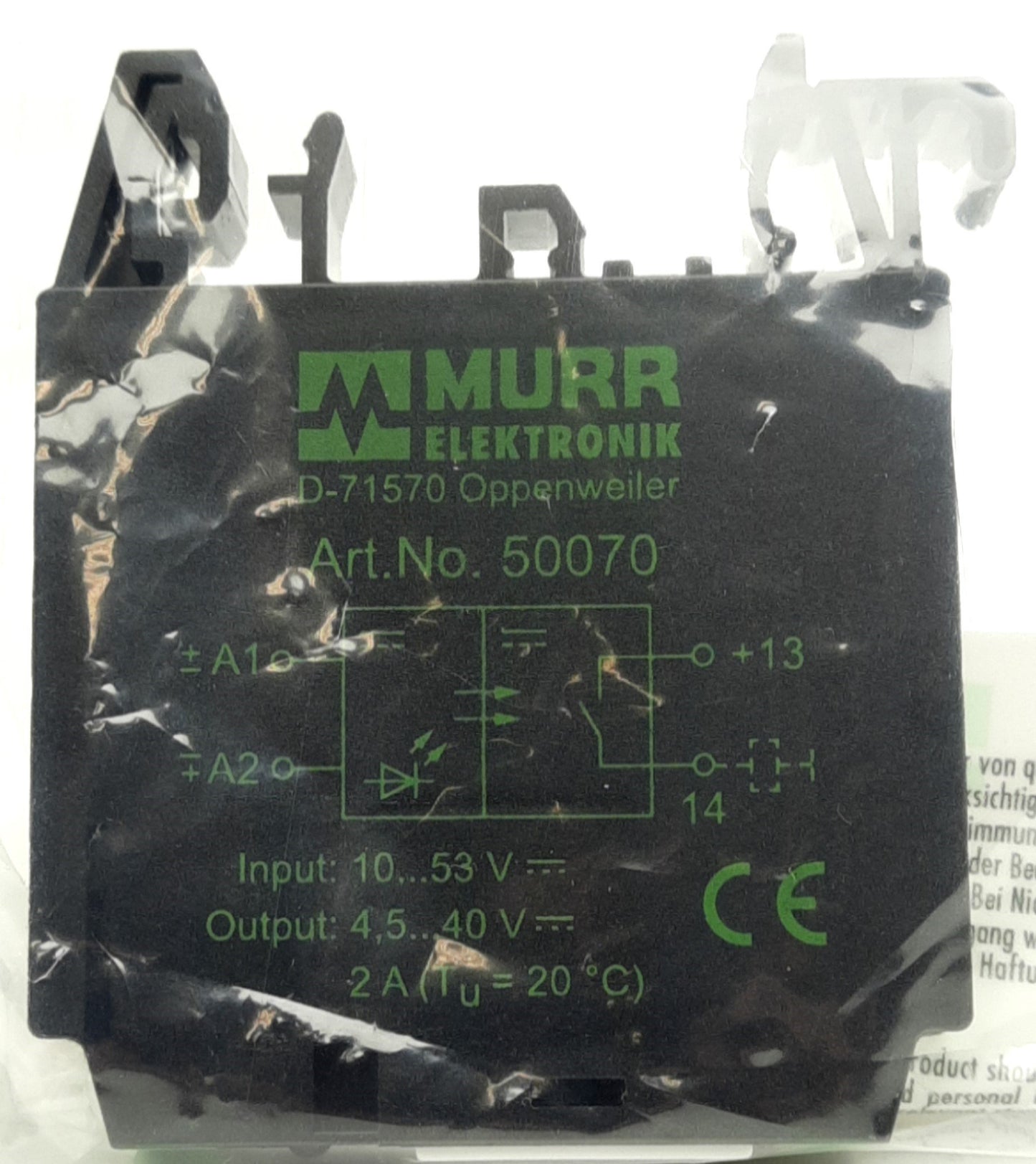 New MURR 50070 Solid State Relay, SPST NO, In 10-53VDC, Out 40VDC/ 2A, Din-Rail