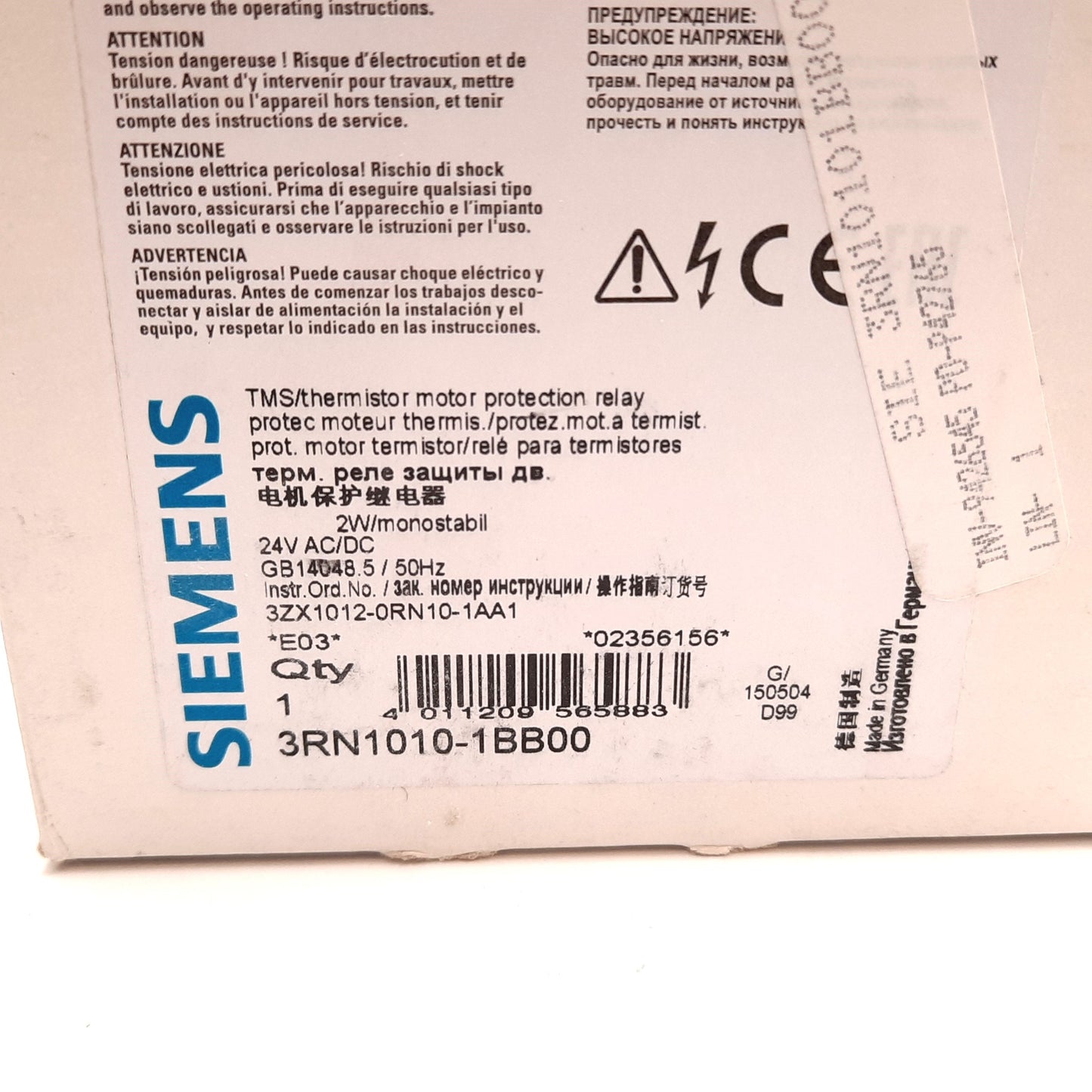 New Siemens 3RN1010-1BB00 Thermistor Motor Protection Relay, DPDT, Coil: 24VAC/DC