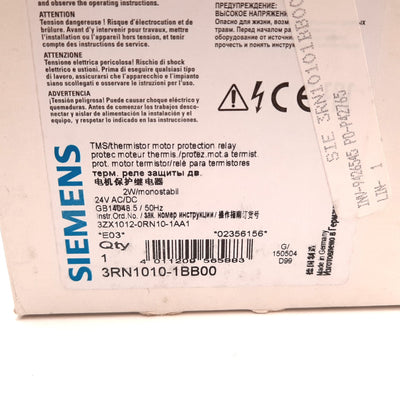 New Siemens 3RN1010-1BB00 Thermistor Motor Protection Relay, DPDT, Coil: 24VAC/DC