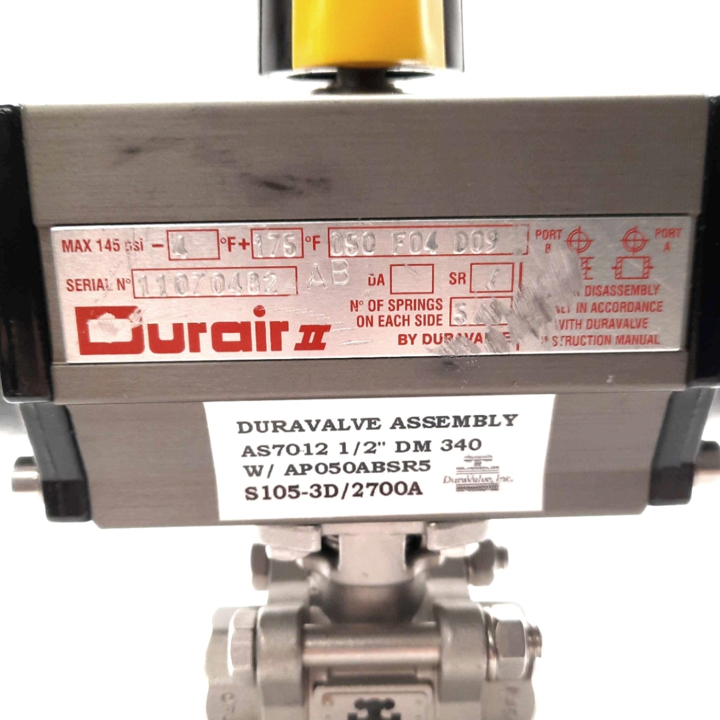 Used Durair AS7012 DM340 3M310 Duravalve Assembly 1/2" & 1/4" NPT, 25-110 Psi
