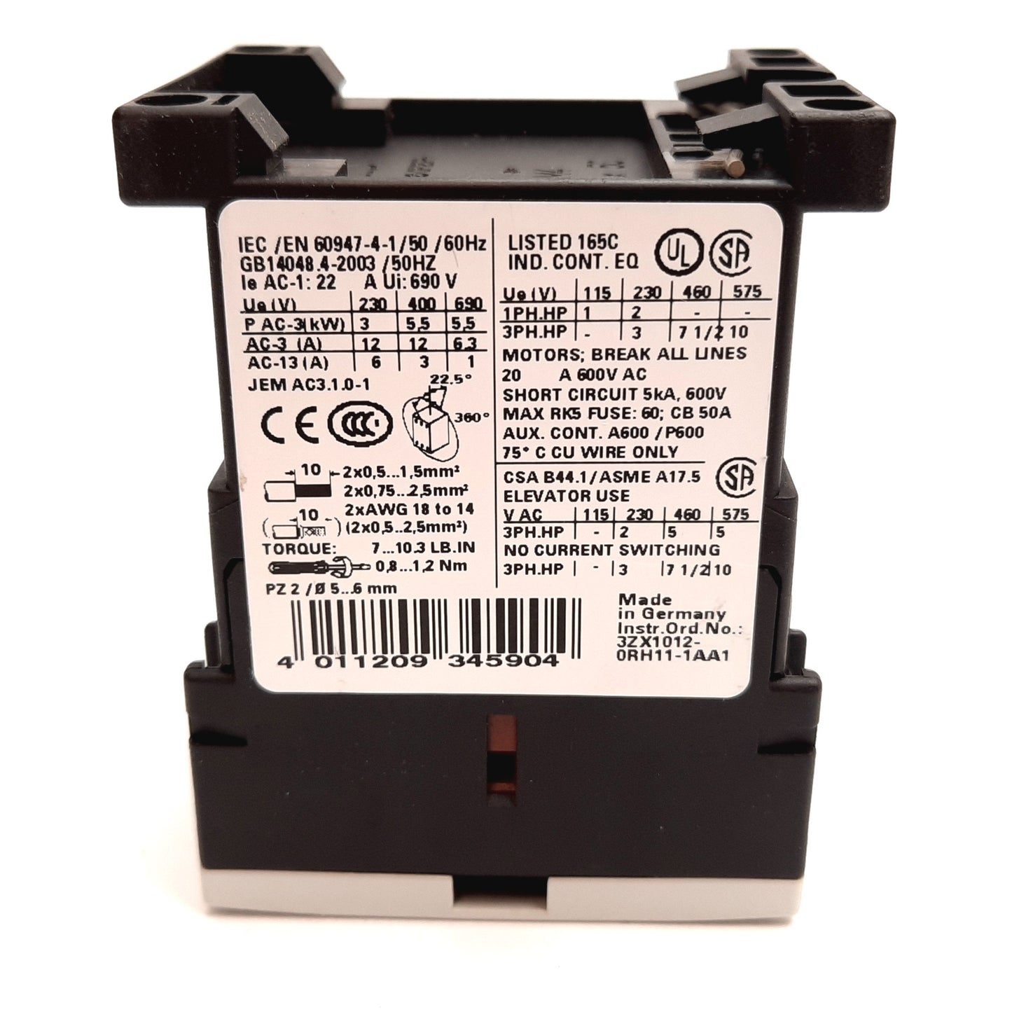 New Siemens 3RT1017-1AK61 Contactor, 3-Pole N/O Aux, Coil: 110/120VAC, 20A 600VAC