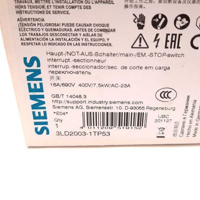 New Siemens 3LD2003-1TP53 Disconnect Switch, 3-Pole With N/O N/C Aux, 16A 690VAC