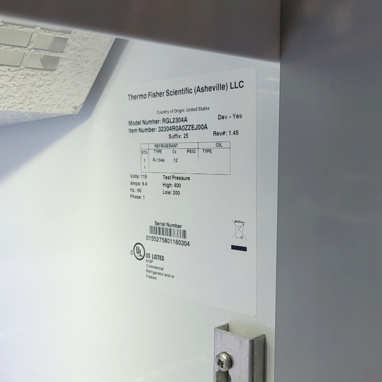 Used Thermo Scientific RGL2304A REVCO Laboratory Refrigerator 4°C 23CuFt 115VAC 9.4A