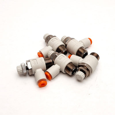 New – Open box Lot of 5 SMC NAS2201F-N01-01 Flow Control Elbow .1-1MPa 1/8"NPT to 1/8" Tube P2C