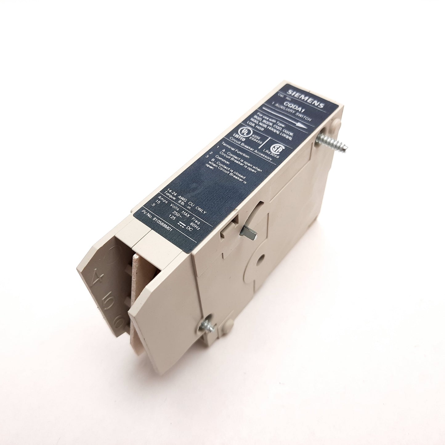 Used Siemens CQDA1 Circuit Breaker Auxiliary Block, 1 Switch, 15A 250VAC 125VDC