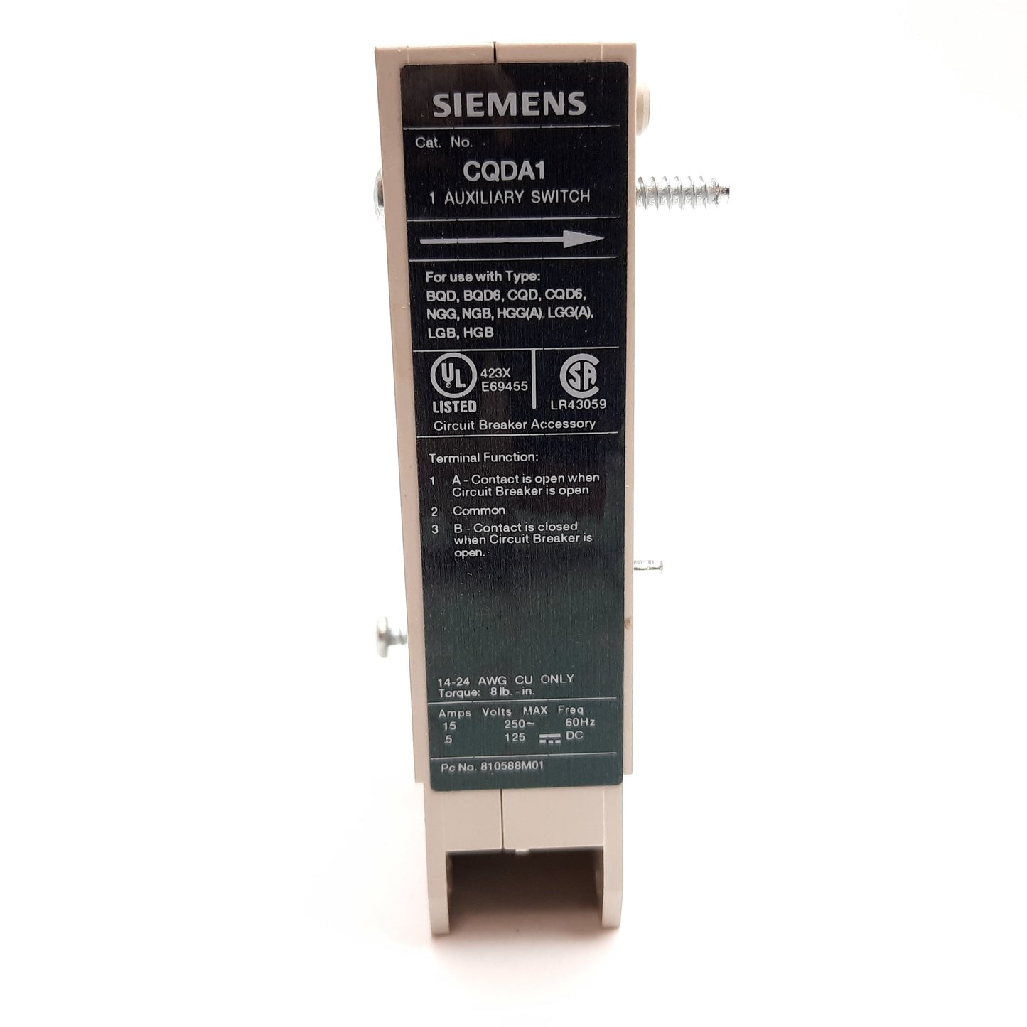 Used Siemens CQDA1 Circuit Breaker Auxiliary Block, 1 Switch, 15A 250VAC 125VDC
