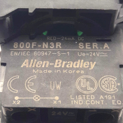 Used Allen Bradley 800FM-LF3 Illuminated Pushbutton With 800F-N3R Light Block, Green