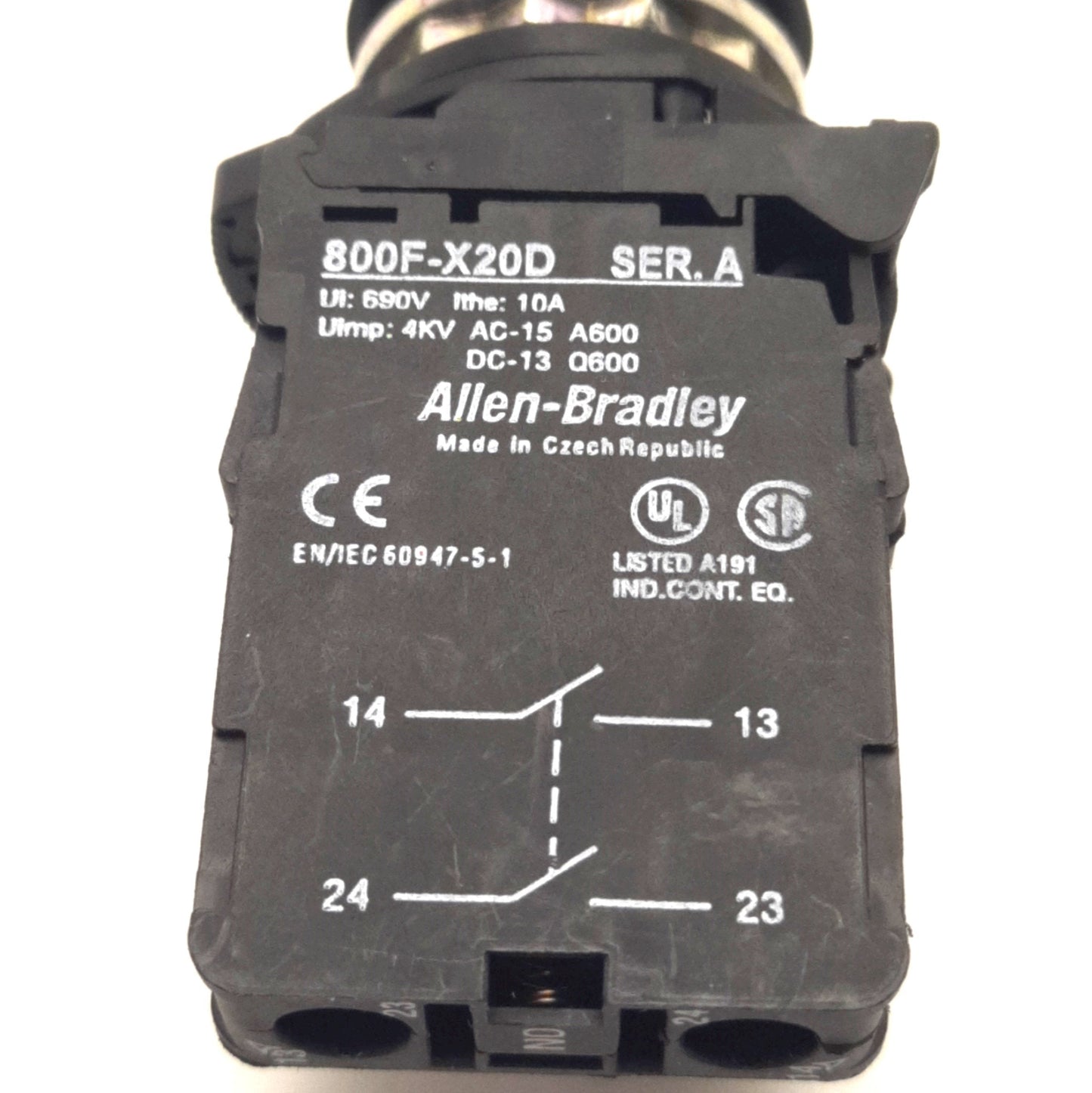 Used Allen Bradley 800FM-LF3 Illuminated Pushbutton With 800F-N3Y Light Block, Green