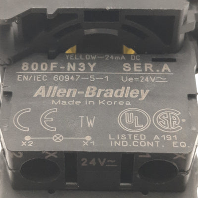 Used Allen Bradley 800FM-LF5 Illuminated Pushbutton With 800F-N3Y Light Block, Yellow
