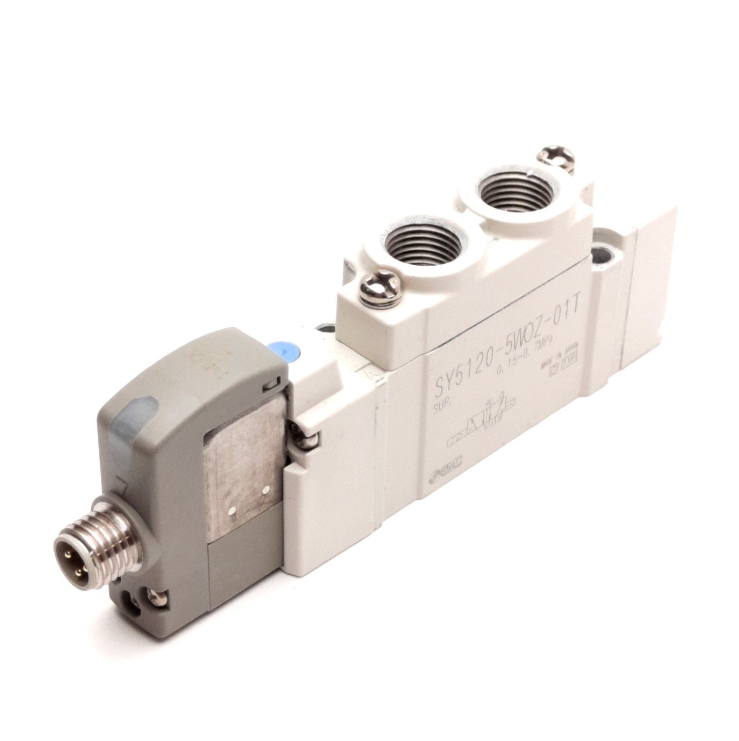 Used SMC SY5120-5WOZ-01T Solenoid Valve, 5-Port, 2-Pos. 24VDC Coil, 1/8" NPT M8 3-Pin