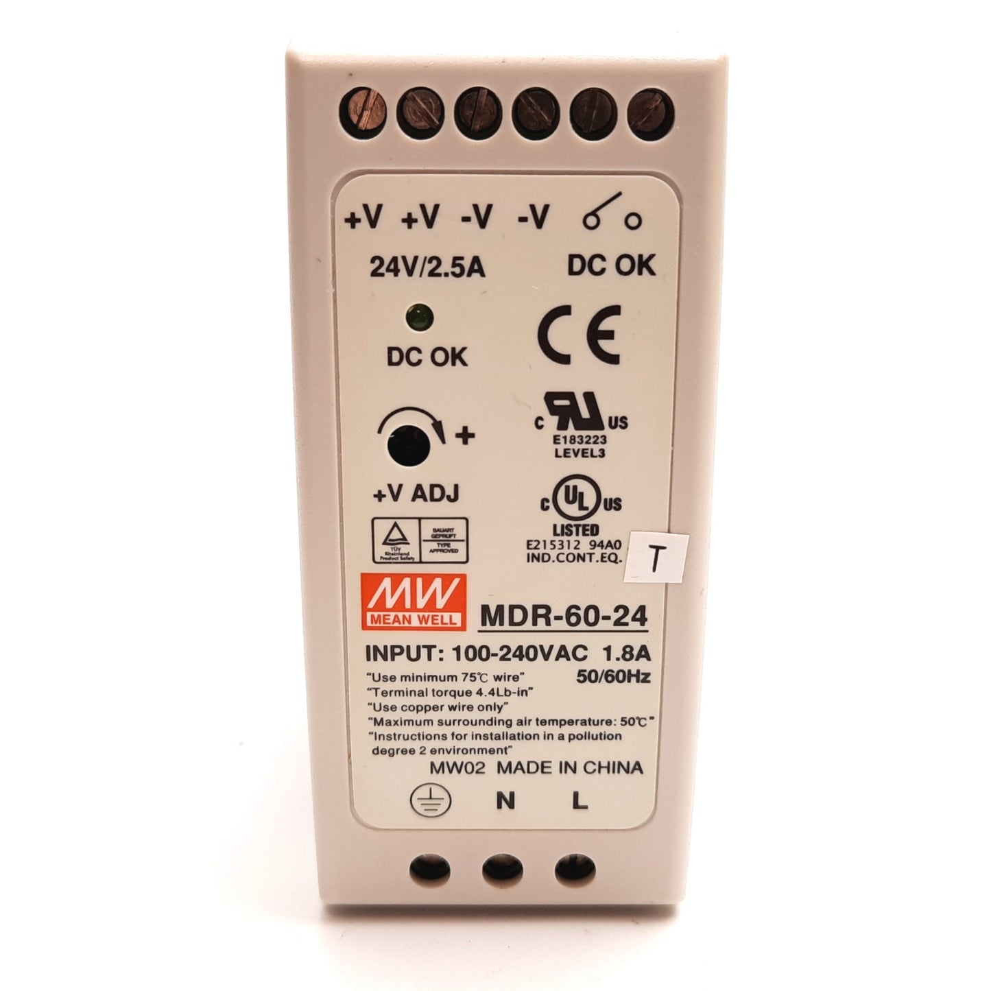 Used Mean Well MDR-60-24 Power Supply, Input: 100-240VAC 1.8A, Output: 24VDC 2.5A