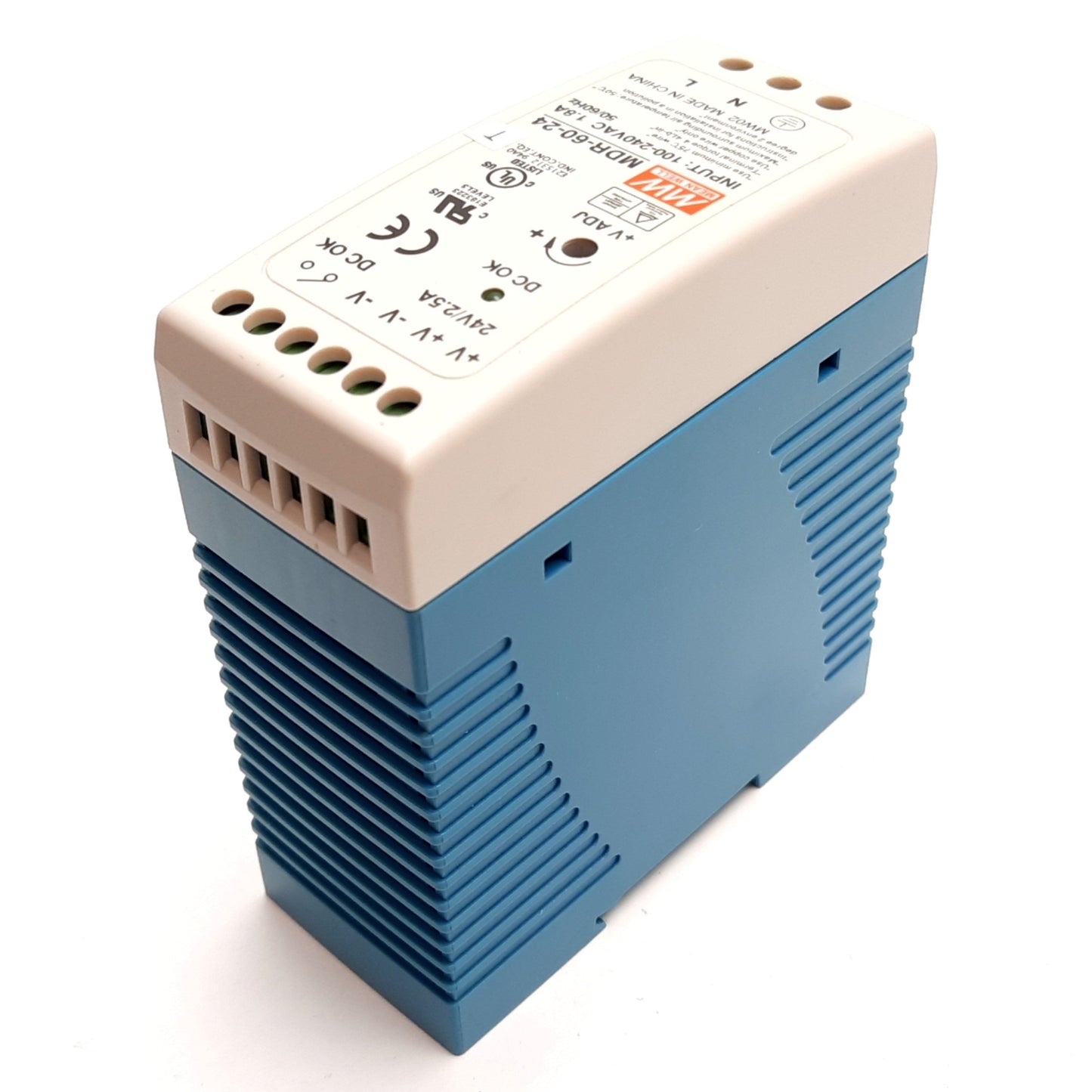 Used Mean Well MDR-60-24 Power Supply, Input: 100-240VAC 1.8A, Output: 24VDC 2.5A