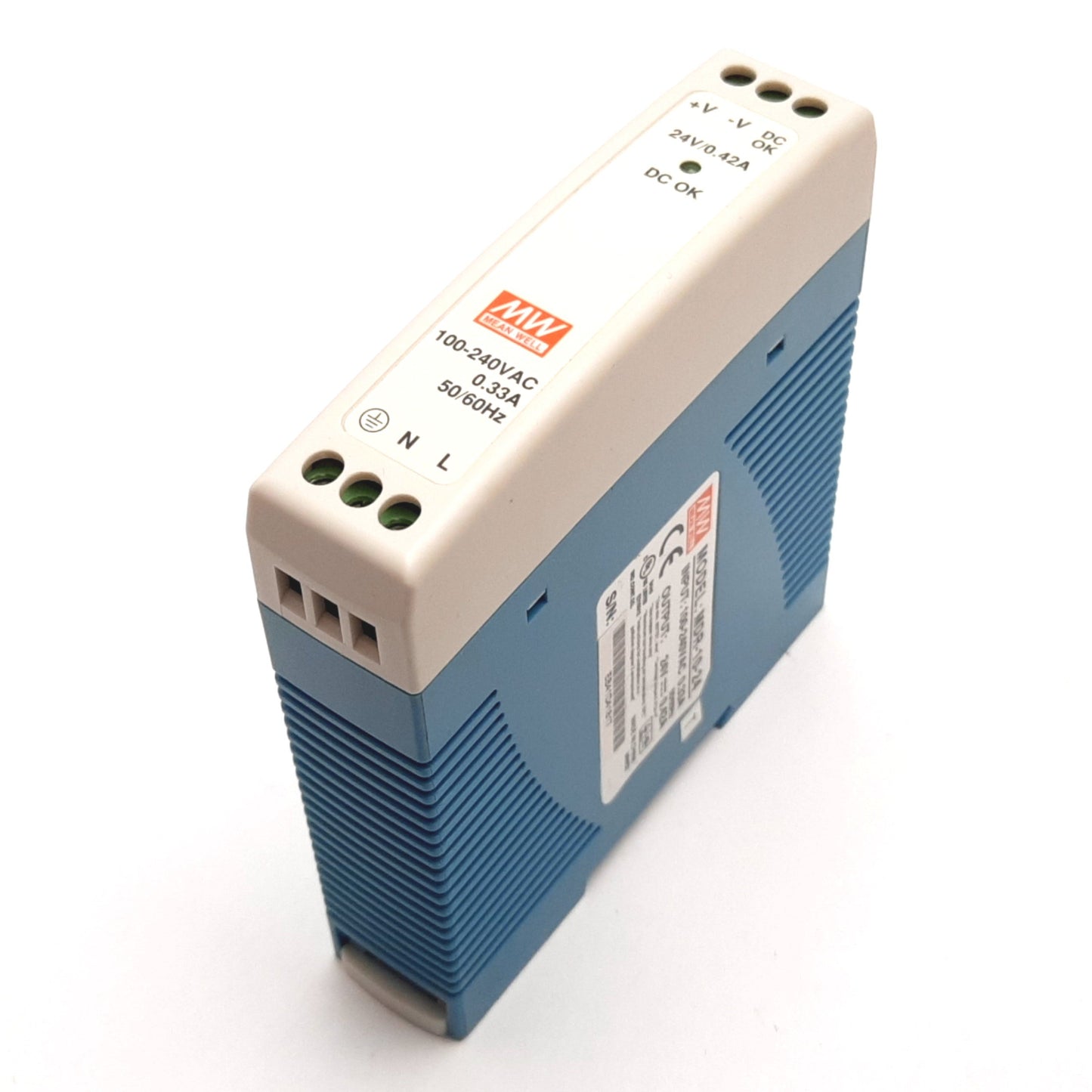 Used Mean Well MDR-10-24 Power Supply, Input: 100-240VAC 0.33A, Output: 24VDC 0.42A